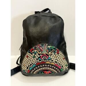 Vtg Black Leather Mini Backpack Colorful Embroidery Handmade Guatemala/Mexico